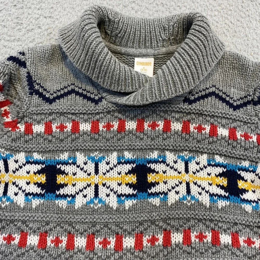 Gymboree Sweater Kids 5-6 Gray Fair Isle Shawl Collar‎ Holiday Pullover Knit
